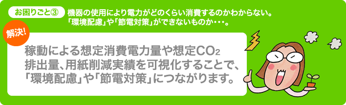稼動による想定消費電力量や想定CO2排出量、用紙削減実績を可視化することで、「環境配慮」や「節電対策」につながります。
