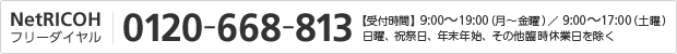 NetRICOH フリーダイヤル 0120-668-813 【受付時間】 9:00?19:00（月?金曜）／9:00?17:00（土曜） 日曜、祝祭日、年末年始、その他臨時休業日を除く