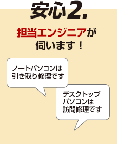 安心2. 担当エンジニアが伺います！デスクトップパソコンは訪問修理です。 ノートパソコンは引き取り修理です。